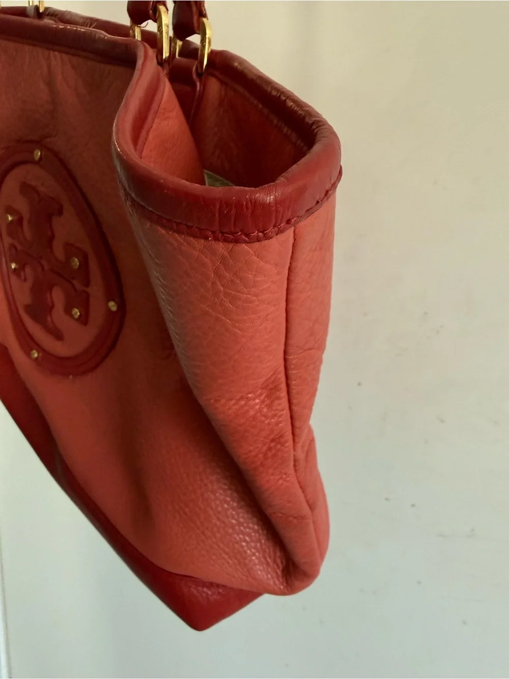 Tory Burch Two-Tone Pebbled Red Leather Tote with Logo Medallion